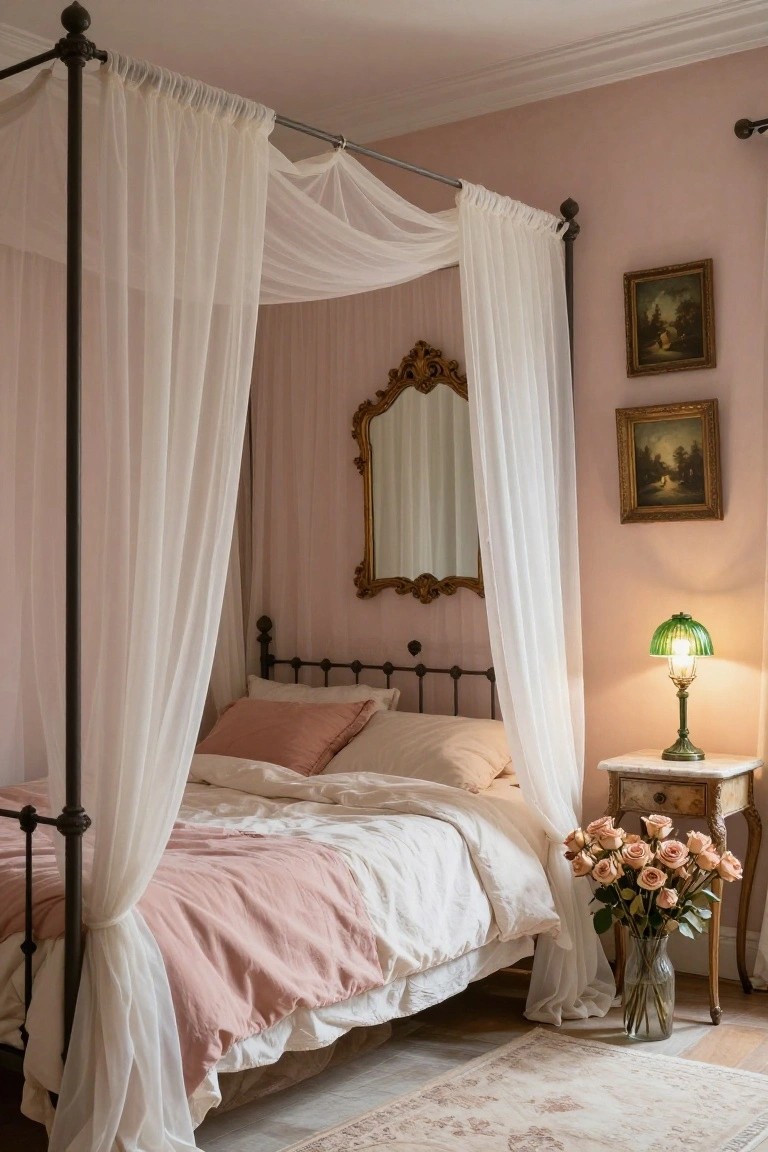Pink-walled bedroom with wrought-iron four-poster bed draped in white sheer curtains, pink and white bedding, green glass-shade lamp and bouquet of roses on antique side table, ornate gold mirror, and framed paintings.