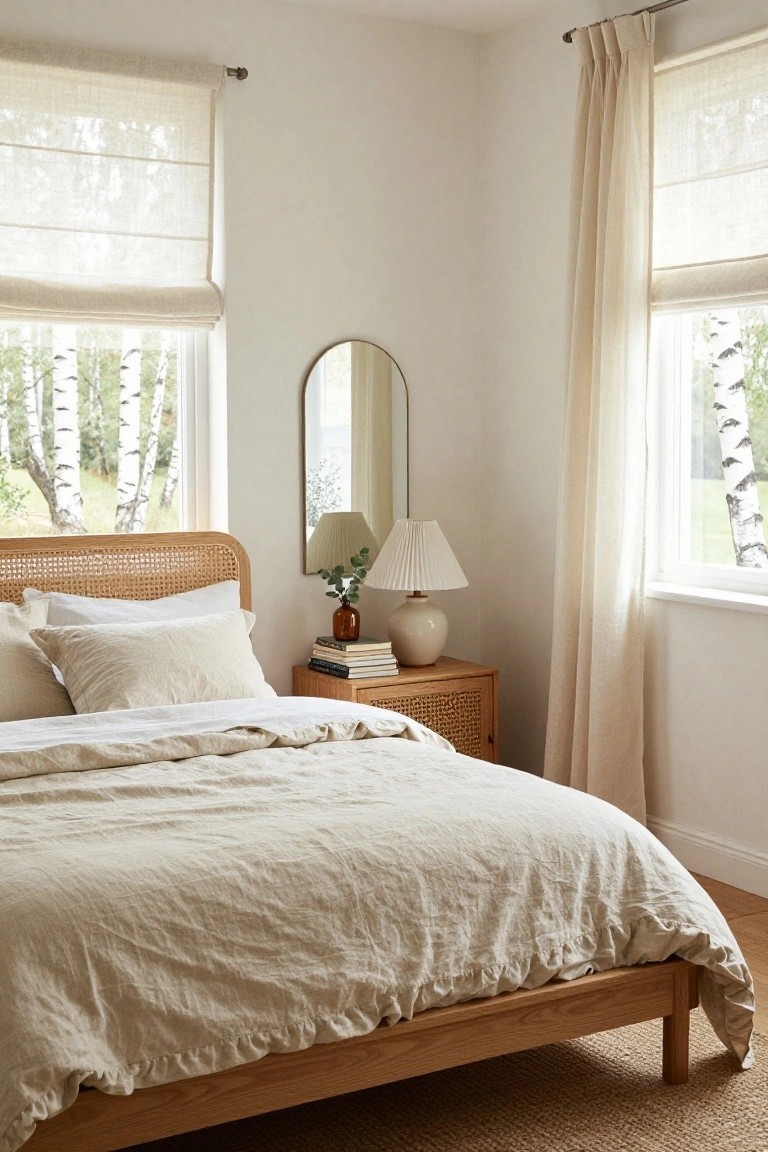 Corner of a light bedroom with rattan headboard bed draped in cream linen bedding, rattan nightstand holding lamps books and vase, round wall mirror, sheer roman shade blinds and curtains on two windows overlooking birch trees, wooden bed frame and seagrass rug on light floors.