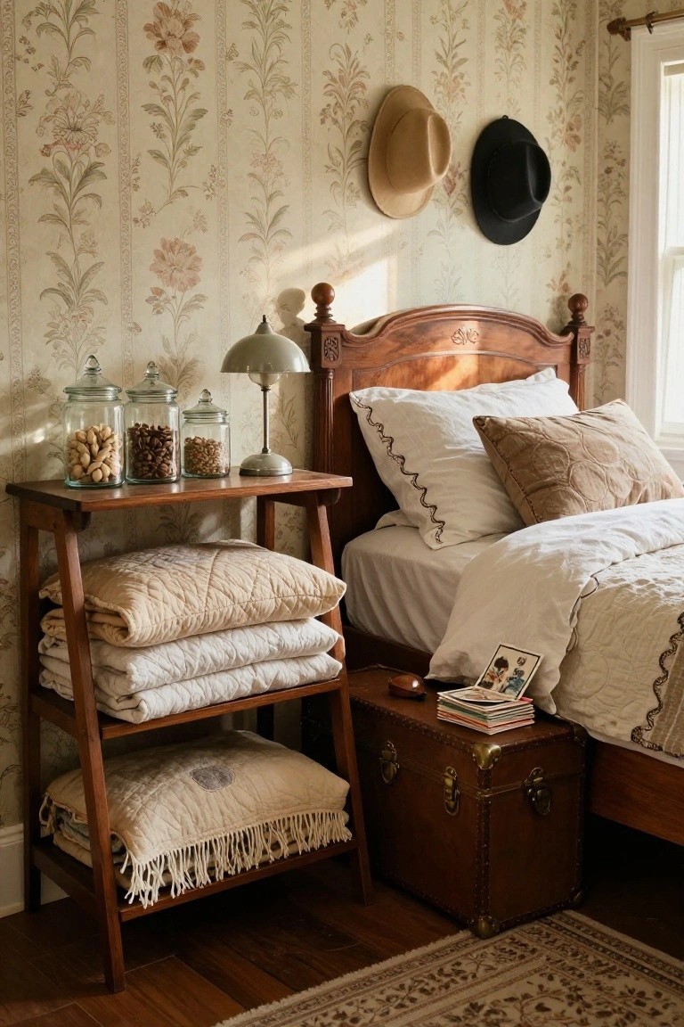 Bedroom corner with a wooden four-poster bed draped in white quilts, a tall wooden rack stacked with folded blankets beside it, glass jars of nuts on a small side table with lamp, leather trunk with books at the bed base, and two hats hanging on floral wallpapered wall.