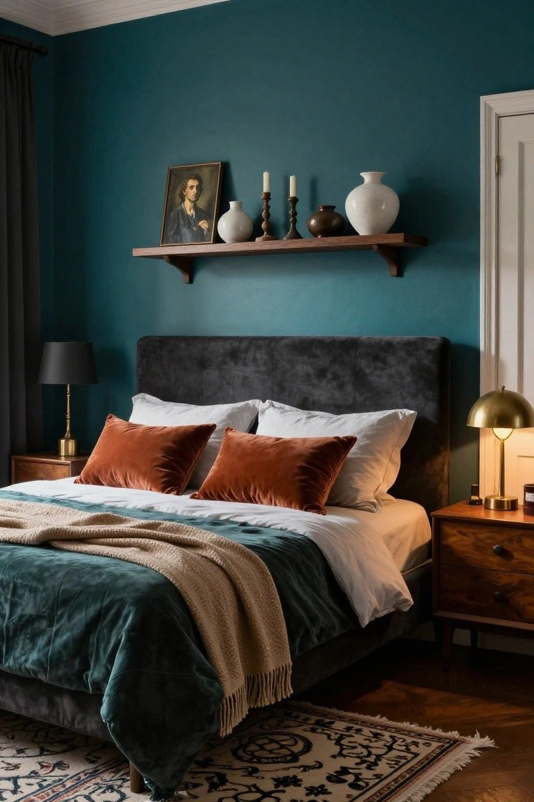 Bedroom interior with teal walls, wooden floating shelf displaying a framed portrait painting, white vase, candles, and ceramics, charcoal velvet upholstered headboard, teal velvet duvet with beige throw, rust velvet pillows, white sheets, wooden nightstands with black lamp and gold lamp, patterned rug on herringbone wood floor, open door in corner.