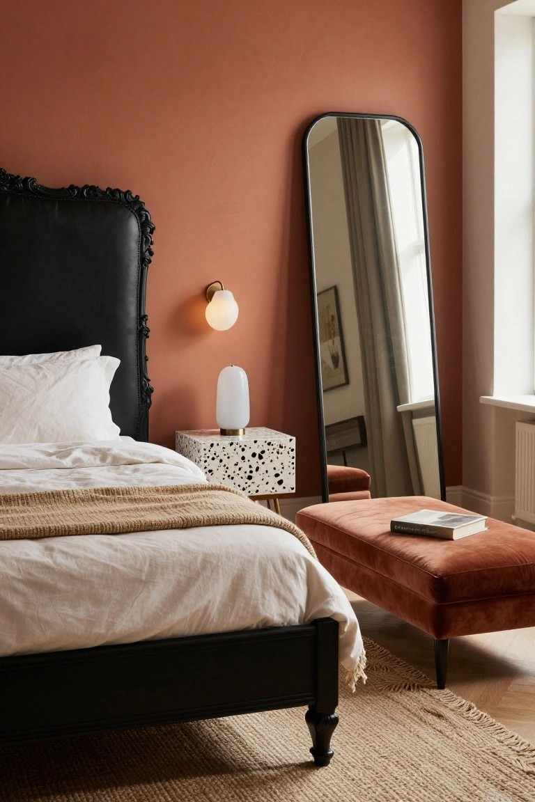 Bedroom interior with terracotta walls, black upholstered bed with ornate headboard and white linens, black-framed full-length mirror, speckled white bedside table with two white lamps, and coral velvet bench at bed foot on wood floor with seagrass rug.