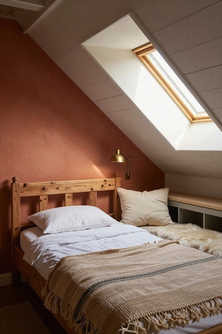 Attic bedroom with terracotta textured walls, wooden bed frame holding white sheets and beige fringed throw, built-in bench under slope with pillows and sheepskin rug, brass wall lamp, and skylight in white beamed ceiling.