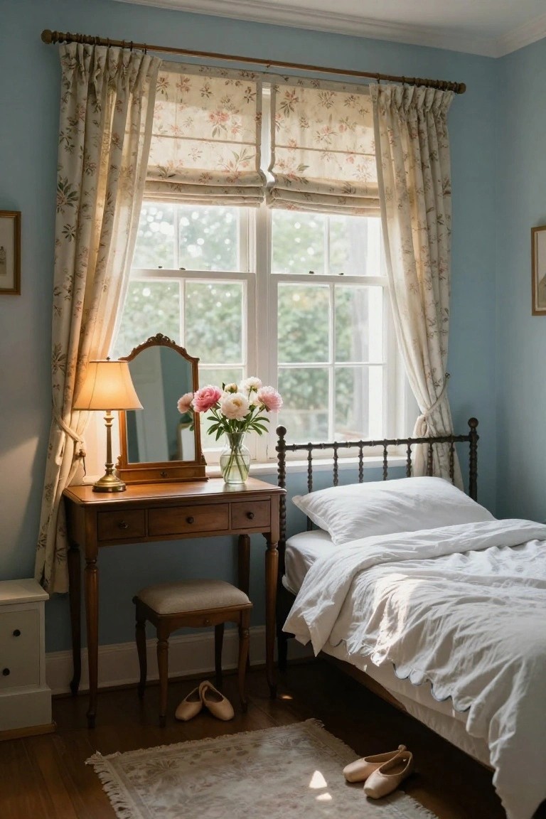 Light blue bedroom interior with floral curtains on sash windows, wooden antique vanity table topped with lamp and peonies bouquet, matching stool, iron bed frame with white bedding, and pair of pink ballet slippers on beige rug.