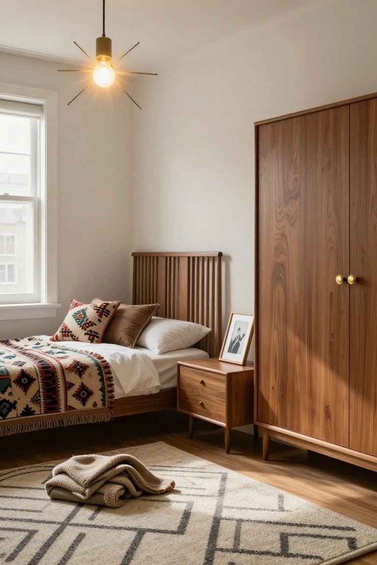 A cozy bedroom with a low wooden slatted bed draped in a colorful patterned throw and pillows, matching wooden nightstand holding a framed photo, tall double wooden wardrobe with brass knobs, starburst ceiling light, geometric woven rug on hardwood floors, and a window with roller shade.