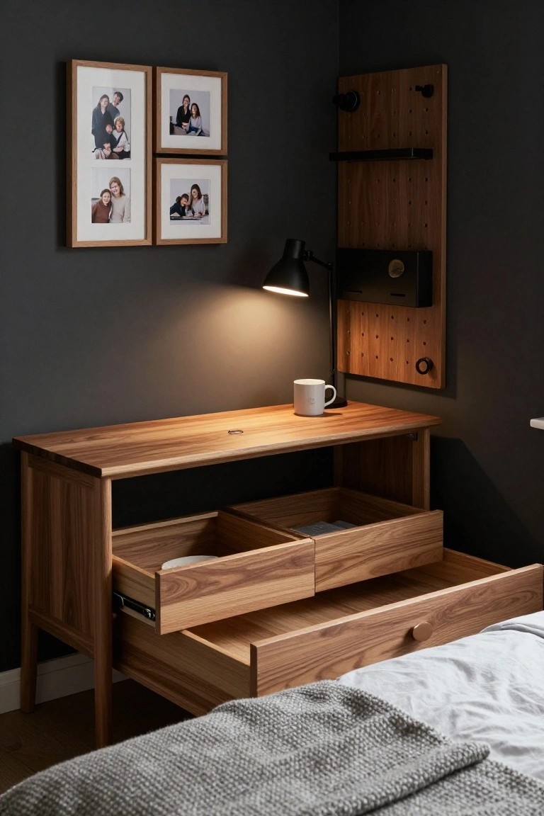 Bedroom corner with dark walls, wooden nightstand showing open drawers and cubbies, family photos in wood frames on wall, black desk lamp with white mug, pegboard wall organizer, and edge of bed with gray bedding.
