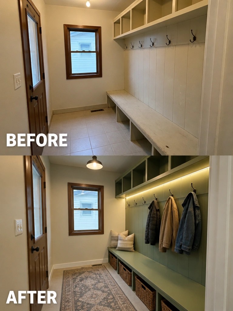 Before and after mudroom with green bench, hanging coats, baskets, rug and pillows.
