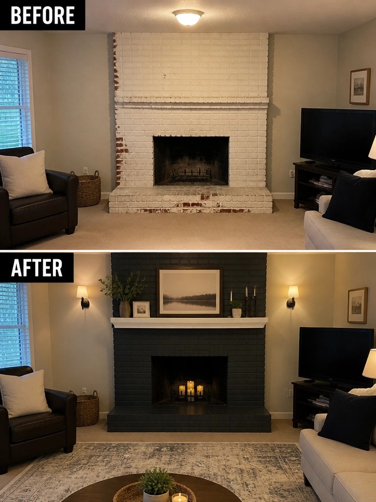 Before and after of living room fireplace repainted from white brick to black with modern decor.