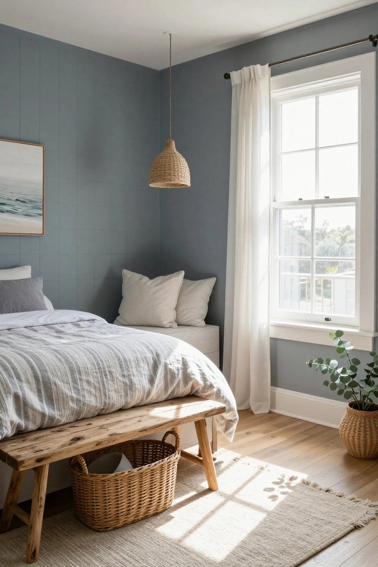 Corner view of a bedroom with blue paneled walls, a bed covered in white striped linens and pillows, a wooden bench with woven basket at the foot, sheer white curtains on a multi-pane window, rattan pendant light, eucalyptus plant in basket, and light wood floors with a cream rug.