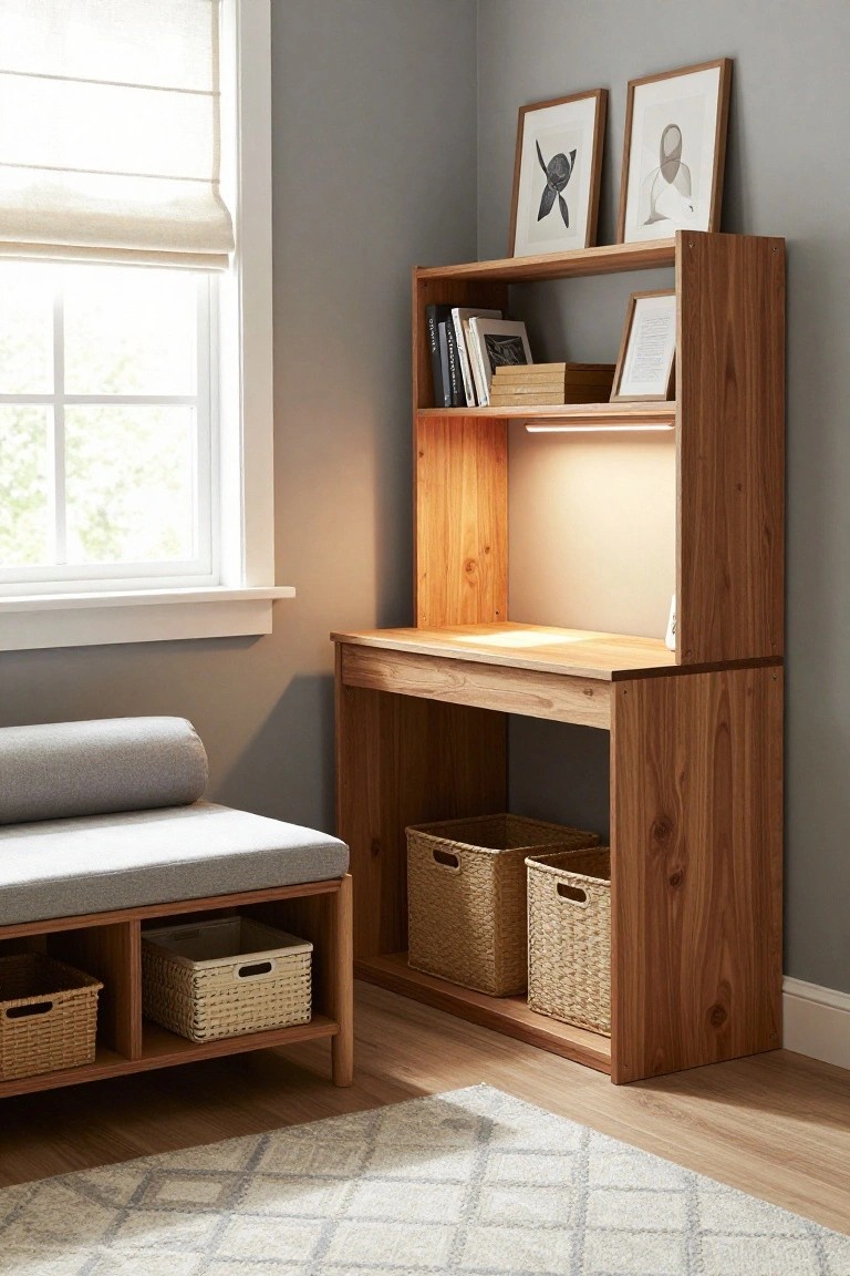 Wooden desk with hutch featuring open shelves, books, and LED light, positioned in a light gray room corner beside a bench with wicker baskets and near a window with sheer shades.
