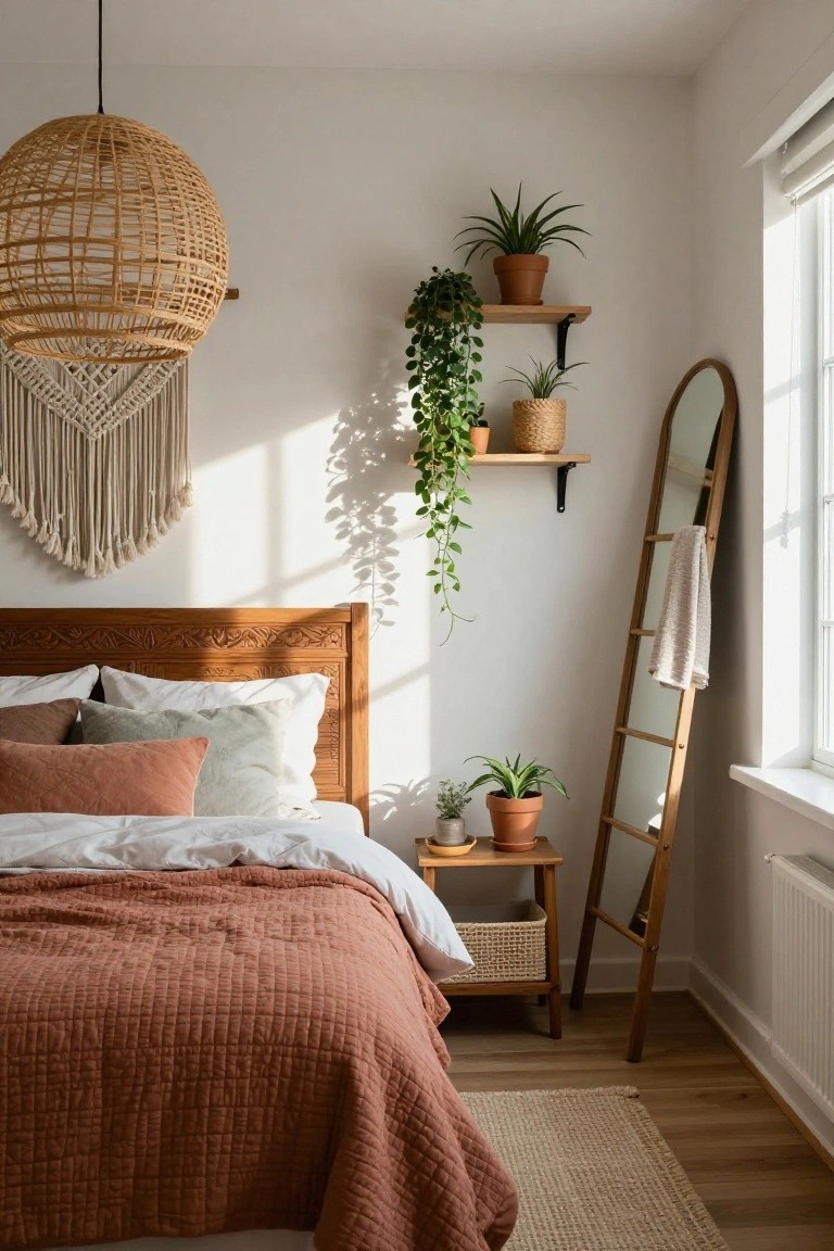 Bedroom corner with white walls, wooden floating shelves holding potted plants including trailing ivy and snake plants, near a ladder mirror and window.