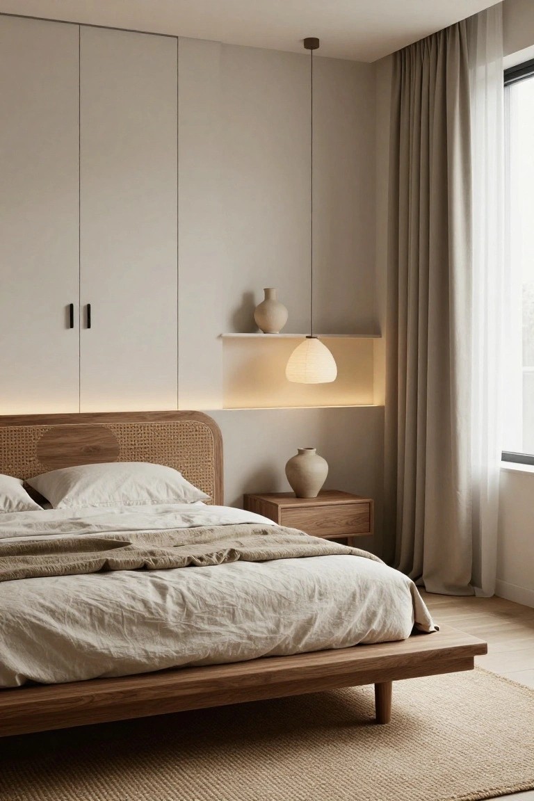 Minimalist apartment bedroom with beige wardrobe panels, built-in niche shelf holding a white lamp and vase, wooden platform bed with curved rattan headboard and rumpled white linen bedding, wooden nightstand with ceramic vase, seagrass rug, and window with beige curtains.