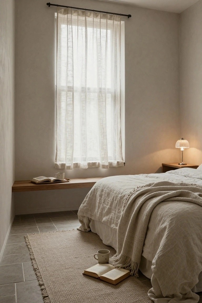 A minimalist bedroom with beige walls, a large window draped in sheer white curtains, a low wooden bench below the window holding books and a white mug on a tray, a bed with white linen bedding and throw, a lamp on a wooden nightstand, seagrass rug on gray tile floor.