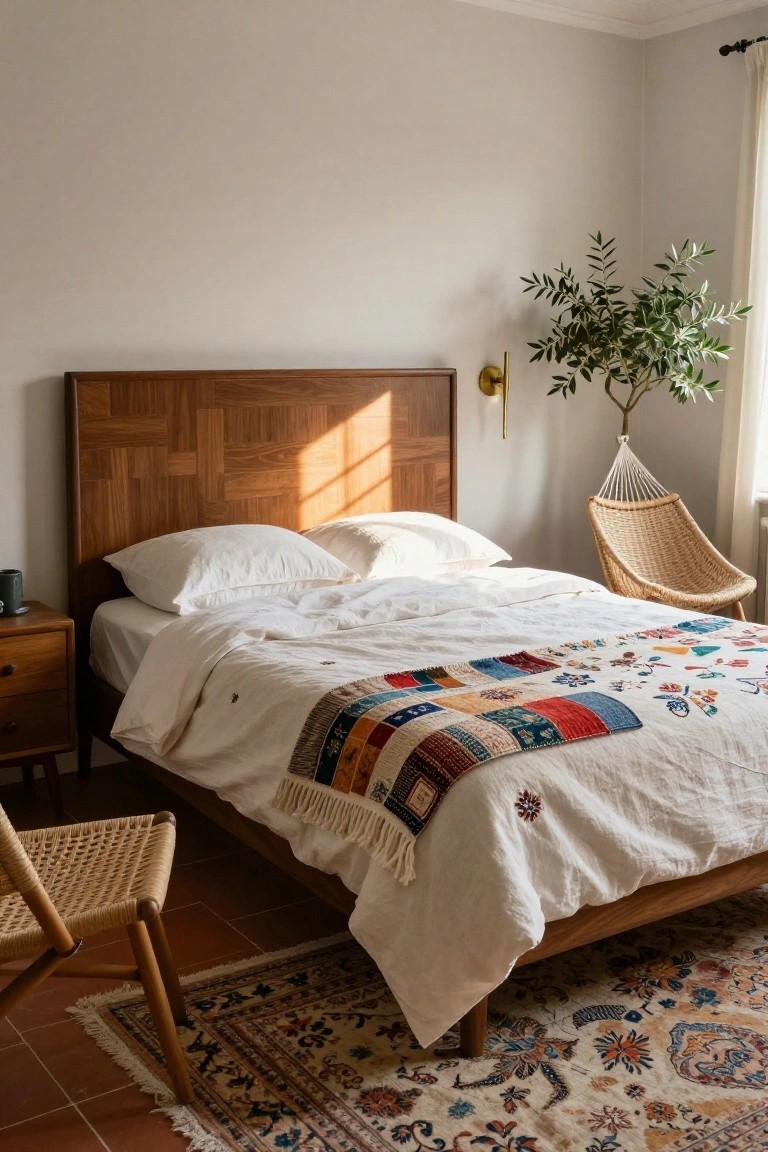 Bedroom interior with wooden parquet headboard on a low bed draped in white linens and colorful patchwork quilt, flanked by wooden nightstand, rattan chairs, olive tree, and terracotta floor with patterned rug.