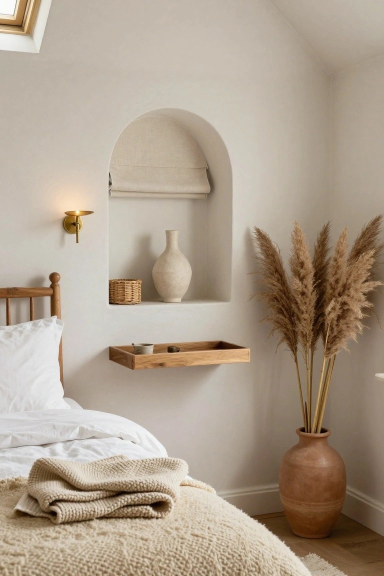 A cozy bedroom featuring a wooden bed, beige textiles, ceramic vase, and pampas grass.