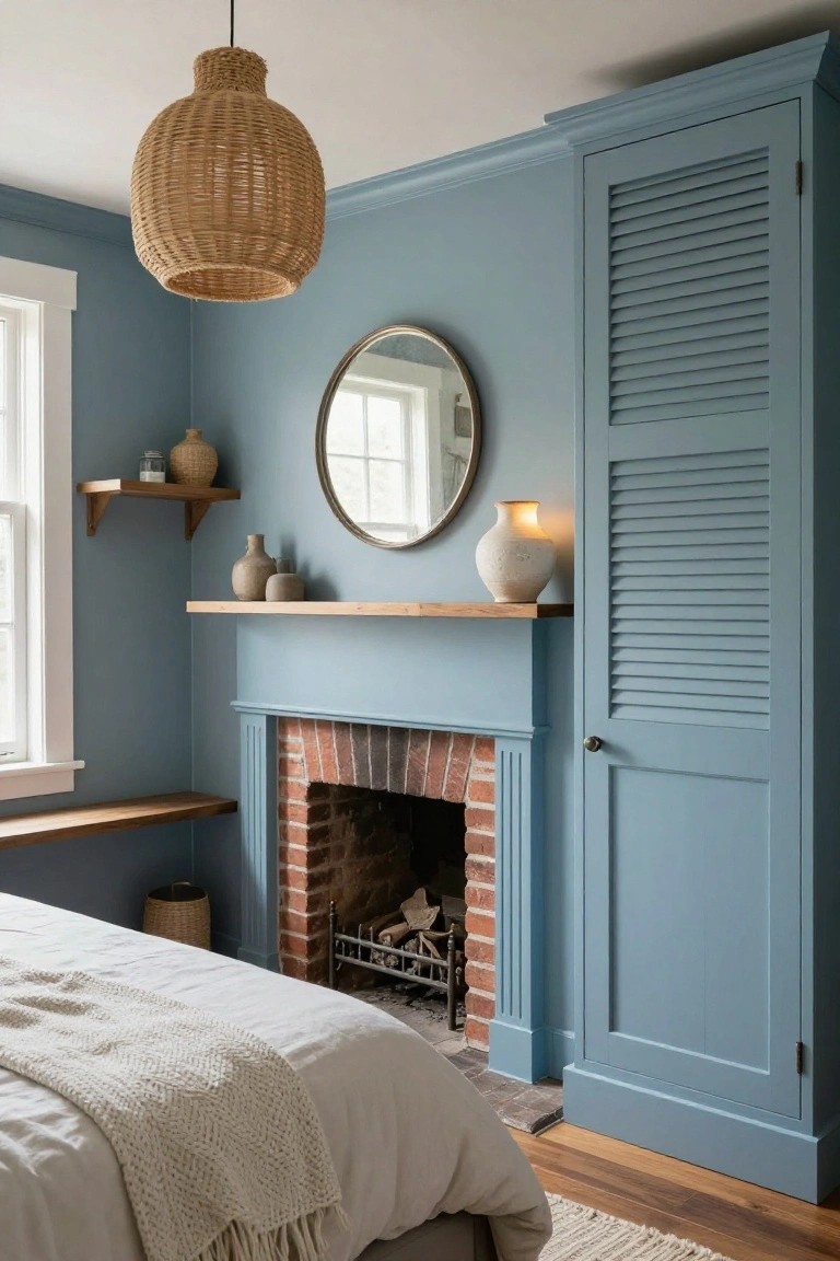 Light blue bedroom with tall matching louvered wardrobe next to brick fireplace, white bed with knit throw, wood shelves holding ceramic vases, rattan pendant light, round mirror, and window.