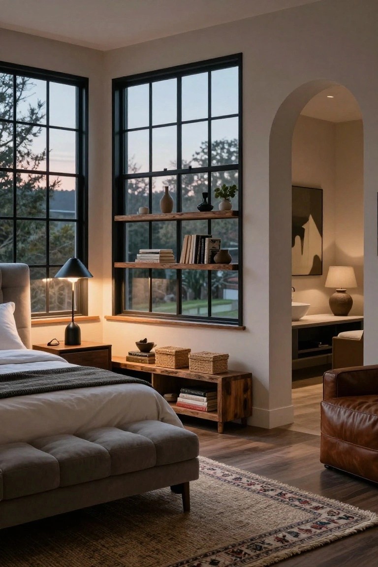 Bedroom with gray tufted bed and bench, wood nightstand and shelves stocked with books and pottery beside large black-framed windows showing trees and sunset, arched doorway to bathroom with sink and leather chair.