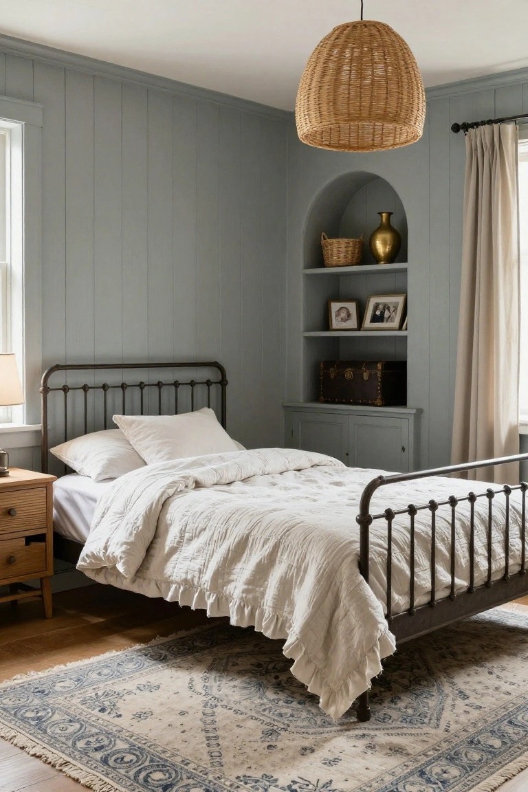 Bedroom interior with light blue-gray vertical board-and-batten walls, black wrought-iron bed frame topped with white ruffled duvet and pillows, oak nightstand, rattan pendant light, arched niche shelving with brass vase and baskets, and blue-and-white rug on wood floor.