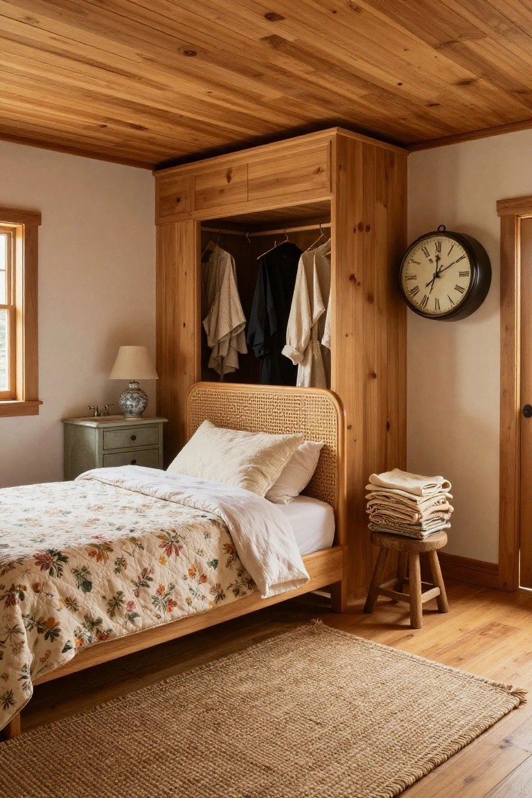 Bedroom with wood-paneled ceiling, tall built-in wooden wardrobe open with hanging clothes, rattan headboard bed covered in floral quilt and white sheets, green side table with lamp and vase, wall clock, stacked towels on wooden stool, and seagrass rug on wood floor.