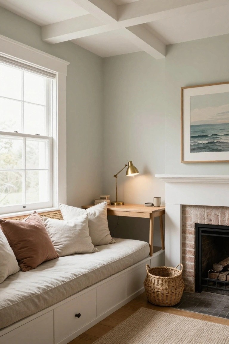 Light sage green room with white built-in window seat bench topped by beige linen cushions and pillows, wooden desk with brass lamp, brick fireplace, and wicker basket on wood floor.