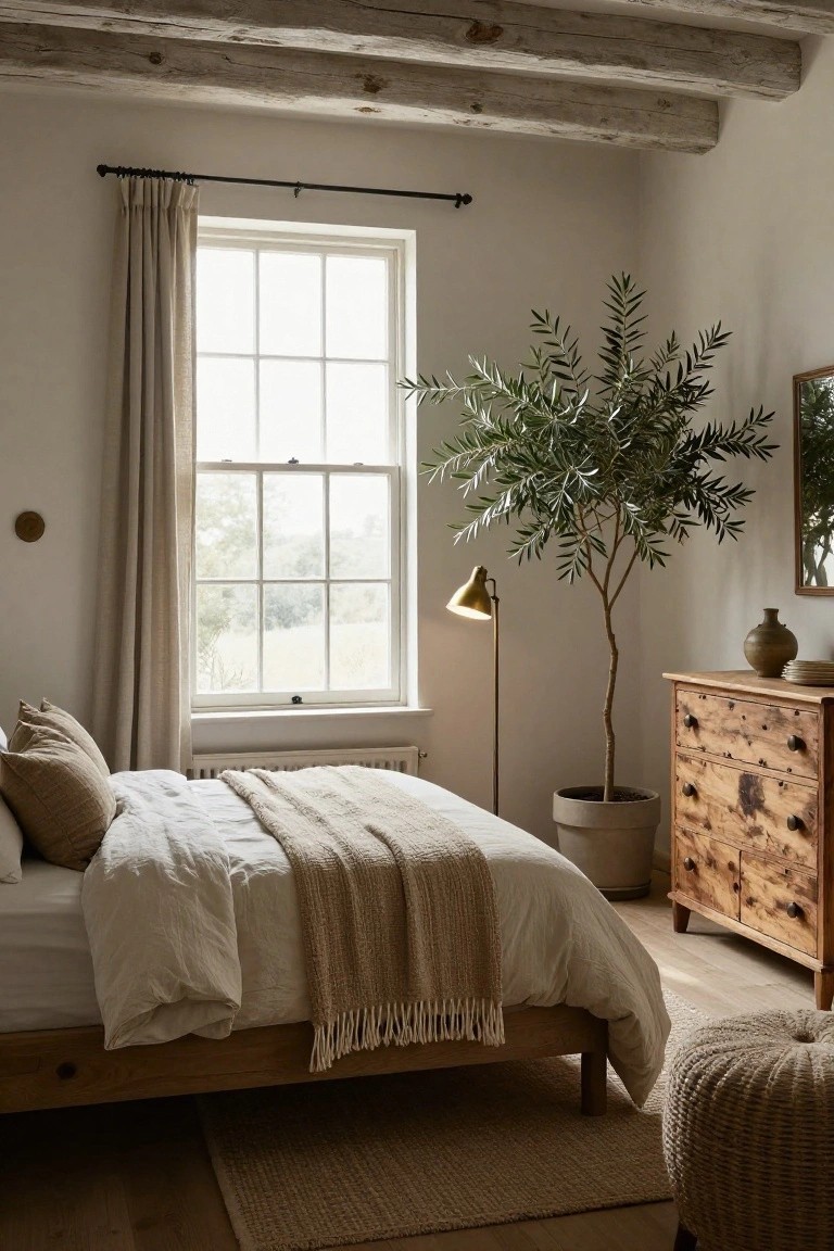 Bedroom with exposed rustic wooden ceiling beams, low wooden platform bed dressed in white linens and beige throw, tall potted olive tree, wooden dresser with brass lamp beside it, large window with cream curtains, and rattan pouf on light wood floor.