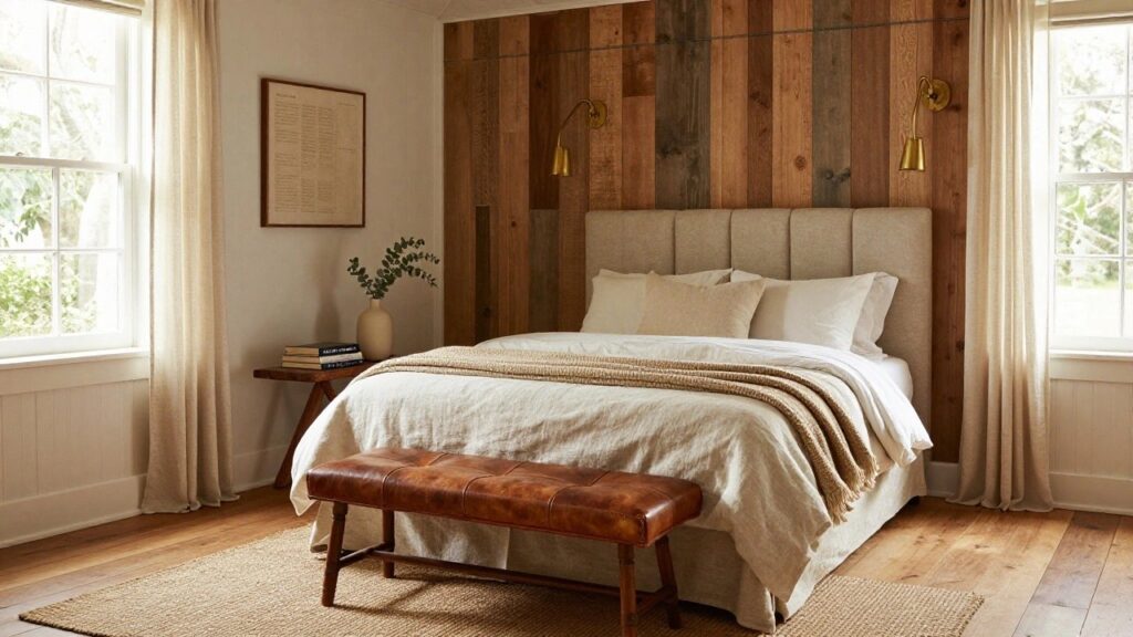 Attic bedroom with sloped white ceilings and dormer window, king bed with beige tufted headboard and neutral linens against vertical reclaimed wood plank wall with brass sconces, wooden stool nightstand holding books and vase of eucalyptus, leather bench at bed foot, hardwood floors, and jute rug.