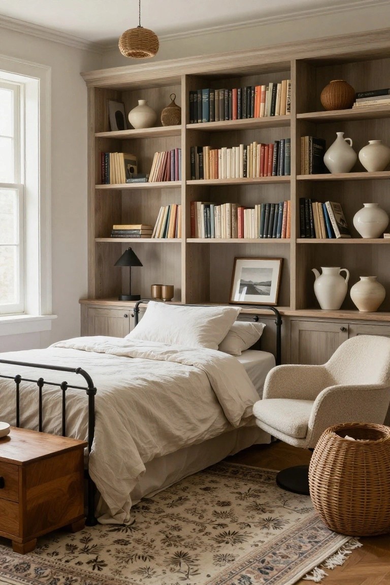 A cozy bedroom with light wood floor-to-ceiling built-in bookshelves on adjacent walls filled with assorted books, white and textured ceramics, and art, next to a black iron bed with white linen bedding, a cream upholstered armchair, wooden side table, and beige patterned rug on hardwood floors.