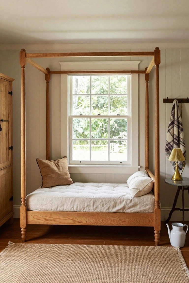 Bedroom interior with oak four-poster bed holding beige linen mattress and pillows, large nine-pane window showing green trees outside, wooden wardrobe on one side, brass lamp on round table, plaid towel on wall hook, white pitcher on floor, seagrass rug on hardwood floor