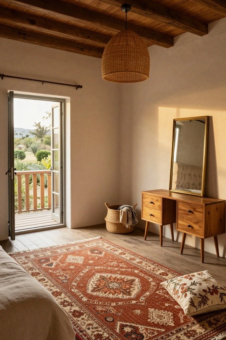 Cozy bedroom with wooden beams, a large mirror, rug, and open door to outdoors.