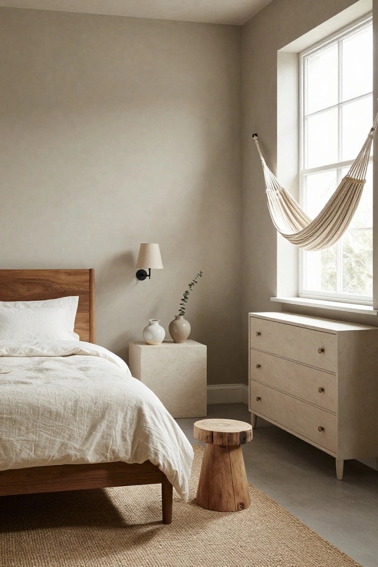 Bedroom interior with light greige walls, wooden bed frame and headboard with white linen bedding and pillows, white dresser, pedestal table with ceramic vases and eucalyptus, wooden stool, seagrass rug, and beige hammock hanging near a large window.