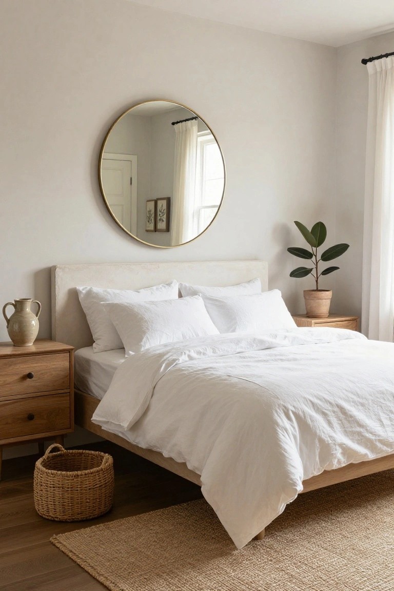 Bedroom interior showing a low light wood platform bed with white linen bedding and pillows, wood nightstand with vase, large gold round mirror on pale wall, potted green plant, seagrass rug, and beige curtains.