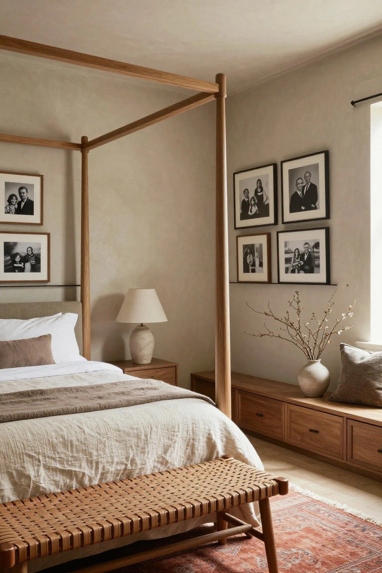 Cozy bedroom with a wooden canopy bed, neutral textiles, and framed family photographs.