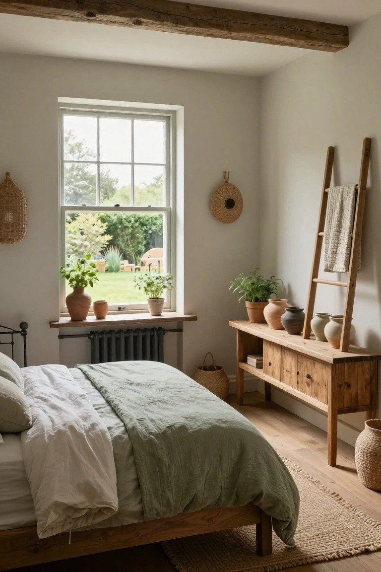 Farmhouse bedroom corner featuring a wooden bed with green and white linens, a low console table with drawers holding potted plants in terracotta pots, a tall wooden ladder draped with a towel and supporting more pots, large window with plants on sill overlooking garden, exposed wood beams on ceiling.