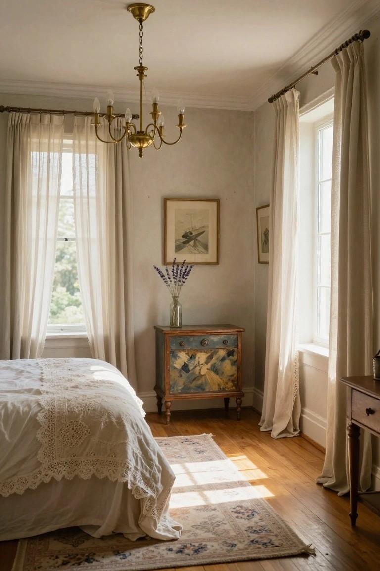 Bright, airy bedroom with a chandelier, vintage furniture, and white linen bedding.