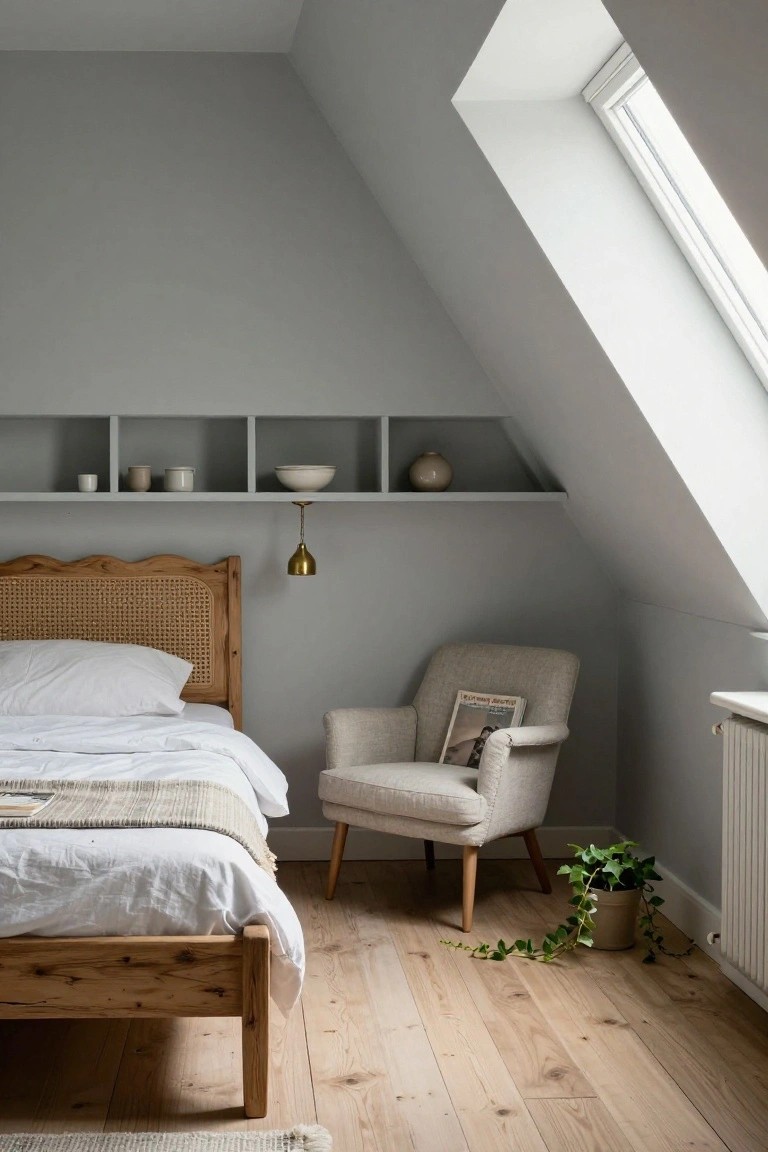 Attic bedroom with sloped gray ceilings and open built-in shelves holding white ceramics, a rattan-and-wood headboard on a low wooden bed with white linens, a cream armchair with a magazine nearby, potted ivy by a radiator, and light wood floors.