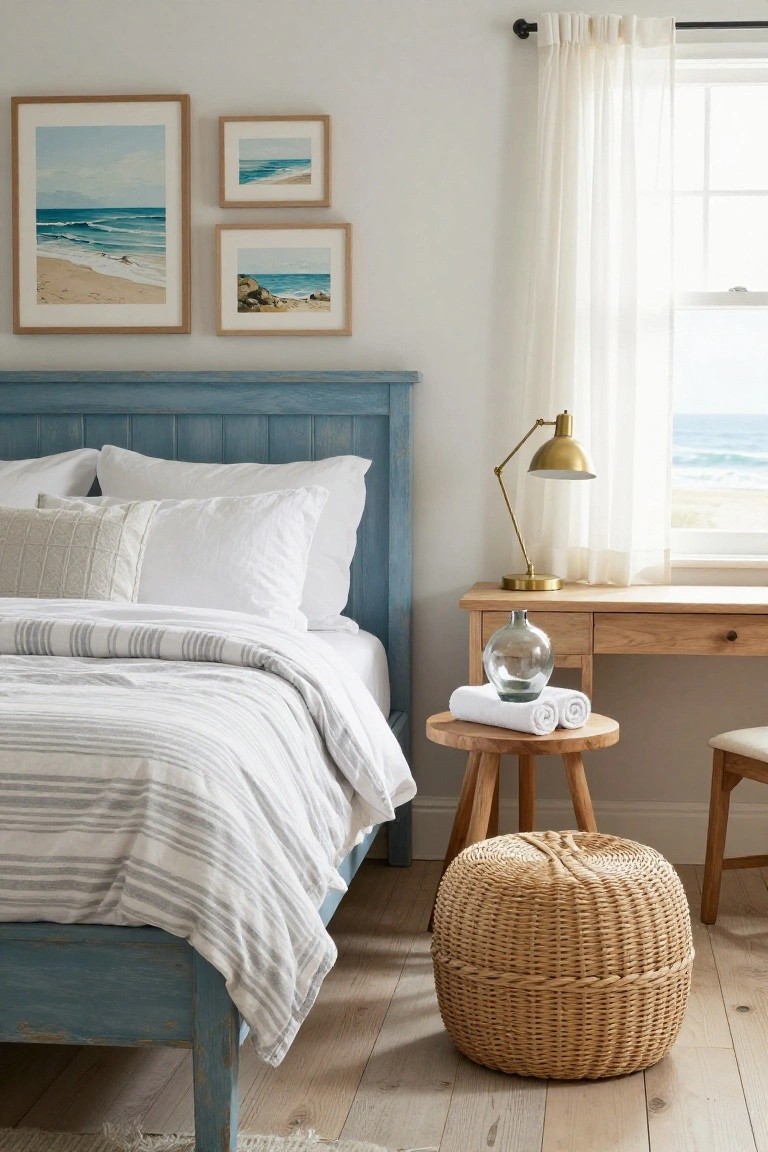 Bedroom interior featuring a blue painted wooden headboard on a bed with white striped duvet and pillows, three beach landscape paintings on the wall, a wooden desk with lamp and towels on a stool beside it, and a window with sheer curtains overlooking the ocean.