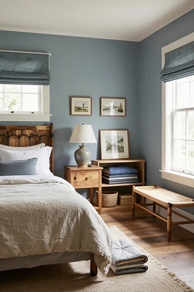 Bedroom corner with light blue walls, wooden bed with white linens and blue pillows, wooden nightstand with ceramic lamp and framed prints, blue Roman shade curtains on two windows, wooden shelves holding blue quilts and baskets, and rattan bench on hardwood floor.