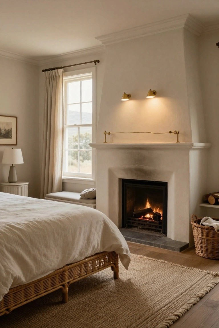 Bedroom interior with white plaster fireplace containing burning logs, rattan bed frame with white linens, beige linen curtains on window overlooking fields, neutral side table and bench.