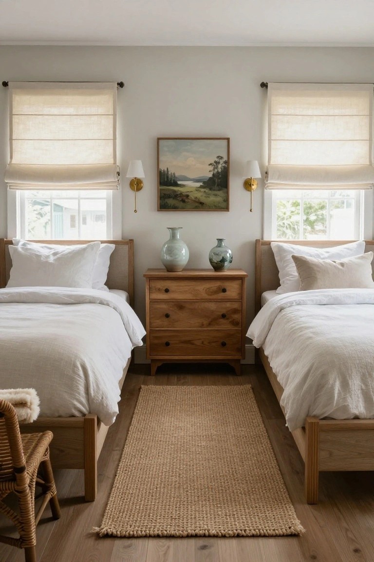 Bedroom with two matching wooden twin beds separated by a wooden dresser, white linens on beds, linen roman shades on flanking windows, wall sconces, and a seagrass runner on light wood floors.