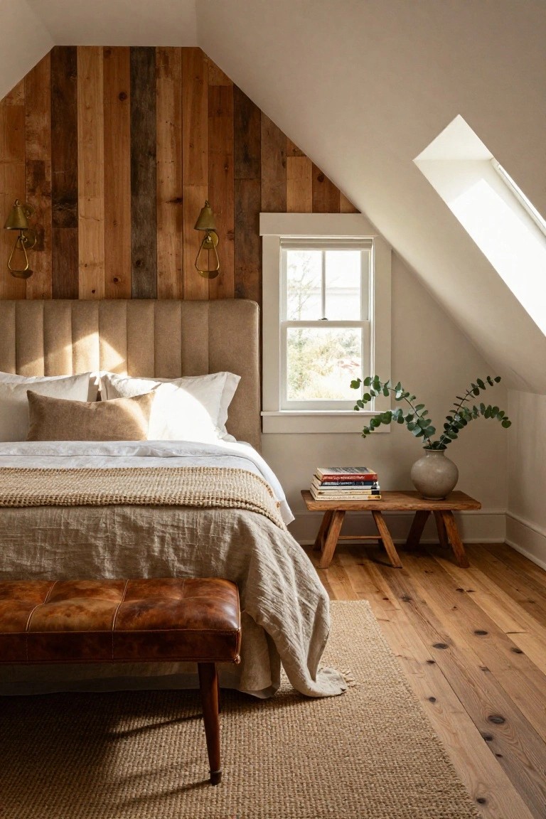Attic bedroom with sloped white ceilings and dormer window, king bed with beige tufted headboard and neutral linens against vertical reclaimed wood plank wall with brass sconces, wooden stool nightstand holding books and vase of eucalyptus, leather bench at bed foot, hardwood floors, and jute rug.