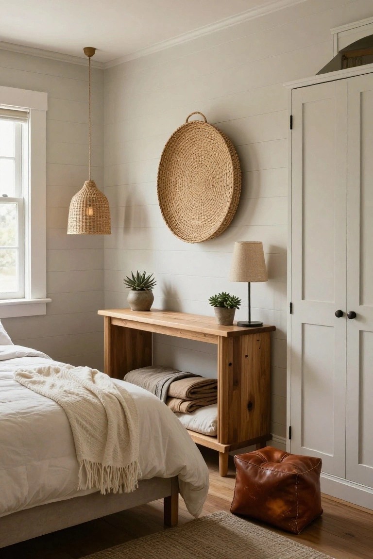 A bedroom with a low bed draped in white linens and throws, a wooden console table next to it topped with plants and a lamp and storing blankets below, a large woven seagrass wall hanging, rattan pendant light, and brown leather pouf on light wood floors against white shiplap walls.