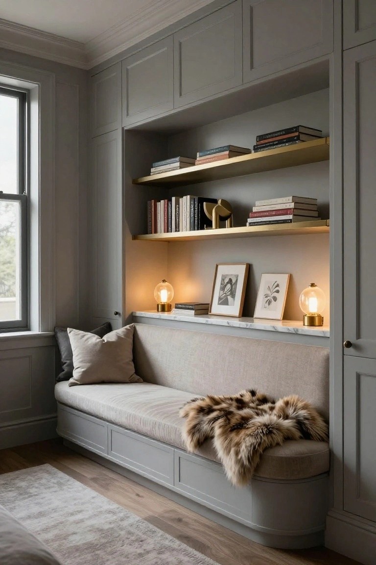 Gray built-in cabinetry with brass shelves holding books and decor surrounds a cushioned banquette seat with pillows and a fur throw blanket, lit by globe lamps beside a window in a room with wood floors.