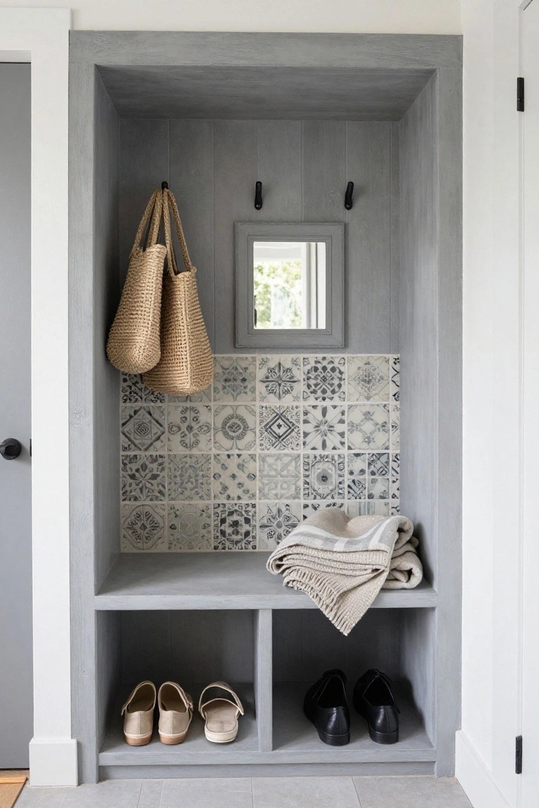 Recessed gray shiplap built-in in an entryway with black hooks holding two straw tote bags, small rectangular mirror above blue and white patterned tile backsplash, folded beige blanket on bench shelf, tan flat sandals and black dress shoes in lower cubbies, light wood flooring.