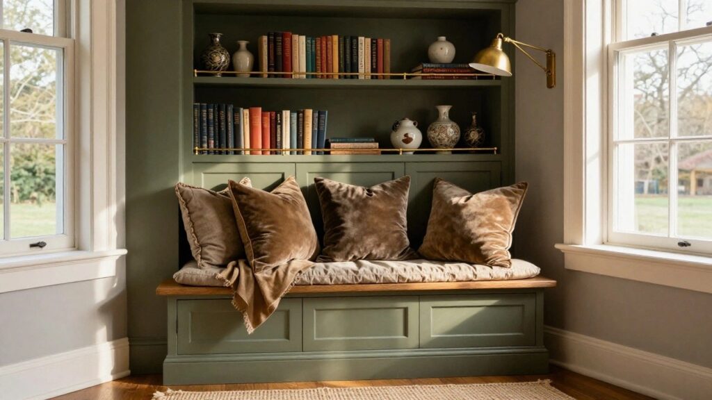 22 Elevated Built In Reading Nook Ideas With a Custom Look Tall green-painted built-in bookcase filled with books and ceramics, featuring a brass swing-arm lamp, a window seat bench with beige cushions and brown velvet pillows, next to a large window in a light room with wood floors.