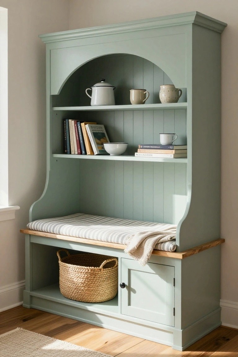 Tall sage green painted wooden hutch with arched top open shelving holding books, bowls, teapot, and mugs, a cushioned bench seat with striped fabric and beige throw at the base, wicker basket in open lower shelf, and small cabinet door beside it, positioned in a corner of a room with beige walls and wood floor.