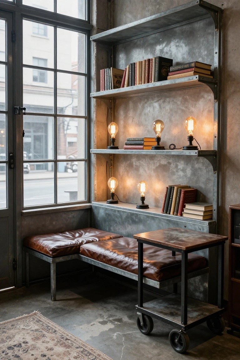 Corner interior with tall galvanized metal shelving units holding books and lit by multiple exposed-filament bulb lamps, a brown leather bench seat integrated below, a small metal cart table nearby, and a large multi-pane window showing a street view.
