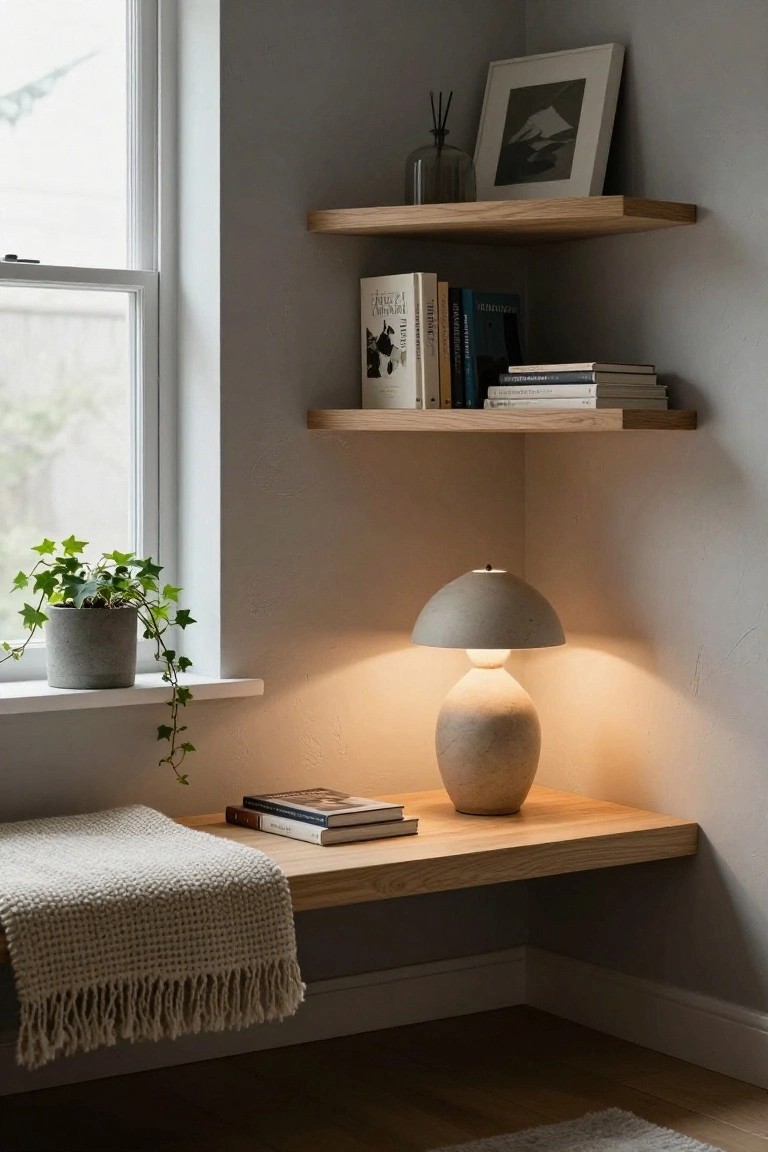 Indoor corner reading nook with three oak floating shelves holding books and decor, beige stone lamp on wooden bench draped with cream knit blanket, ivy plant in gray pot on windowsill, gray walls, and soft lamp glow near window.
