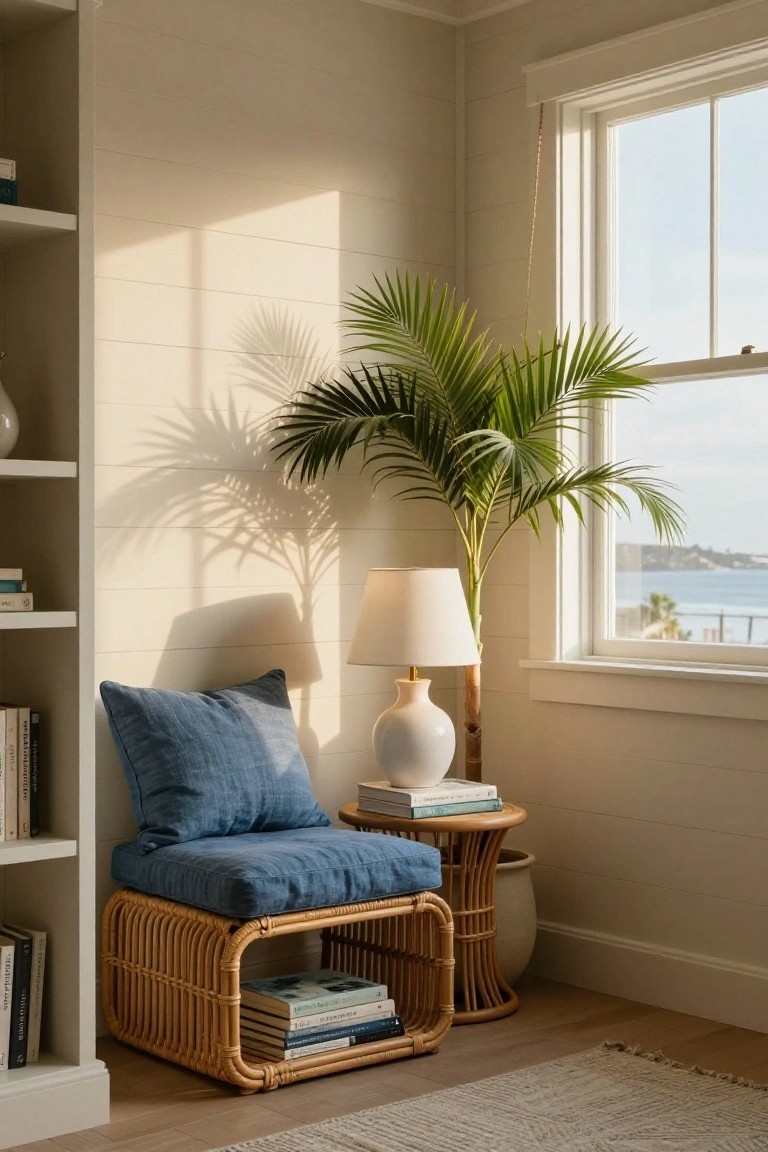 Indoor corner reading nook with blue-cushioned rattan stool, wooden side table with white lamp and books, potted palm plant, tall bookshelves, and window showing ocean view in beige shiplap-walled room.
