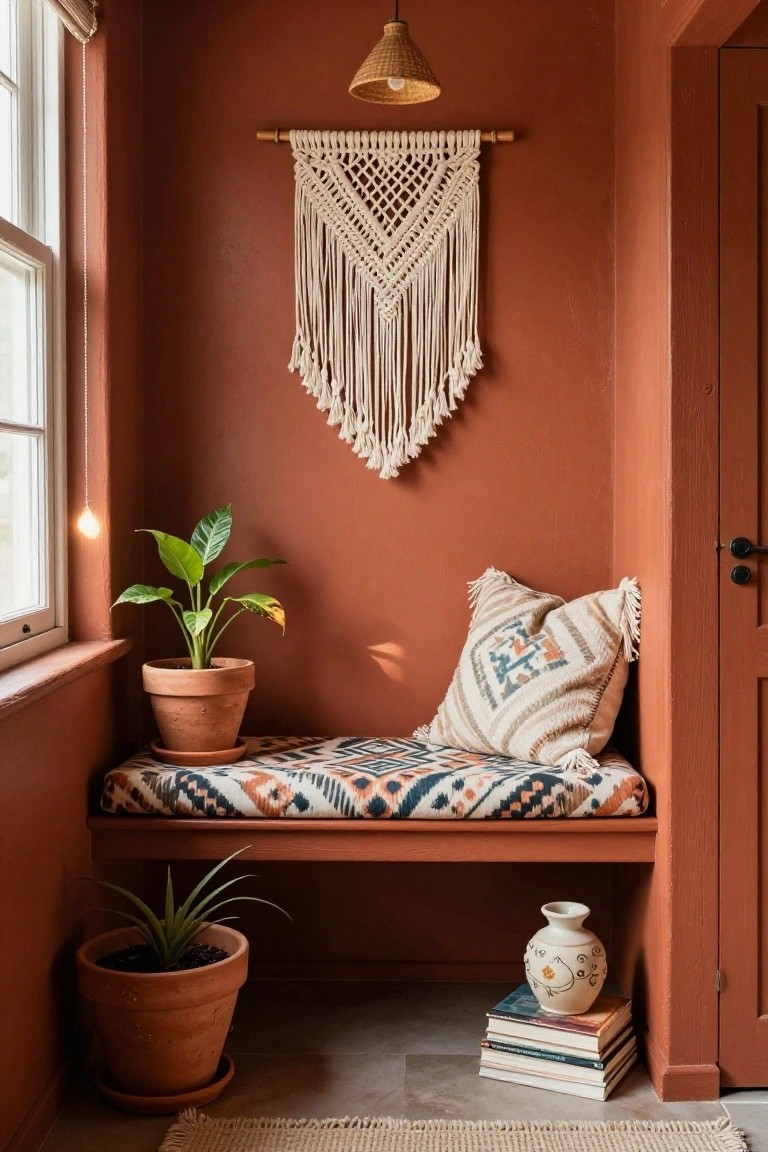 Terracotta-painted indoor alcove with built-in wooden bench topped by a patterned cushion, potted plants, macrame wall hanging, woven light fixture, and stacked books on the floor.