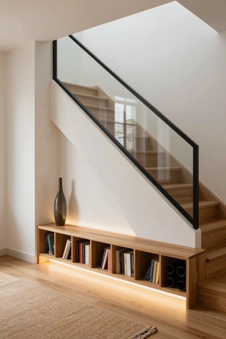 Wooden staircase with glass and black metal railing, featuring a built-in oak bench with open bookshelves above and LED lighting underneath, next to a white wall and hardwood floor.