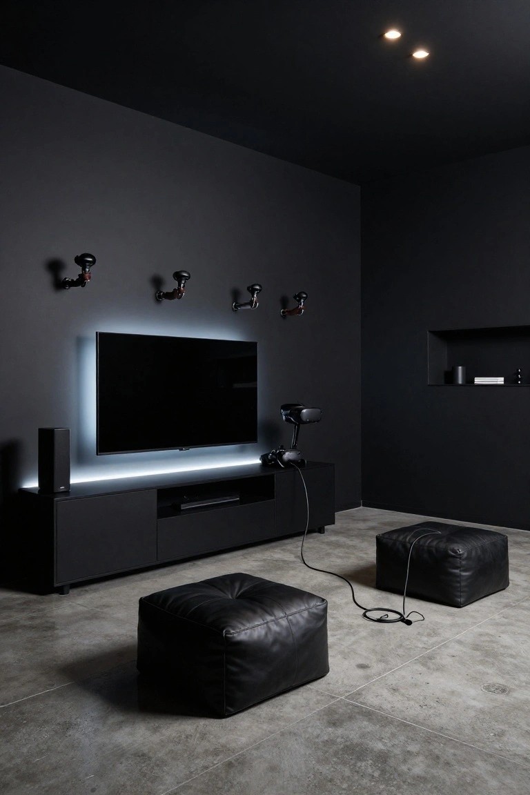 Dark basement game room with black walls, large wall-mounted TV with blue LED backlighting above a black media console, black leather poufs on polished concrete floor, wall-mounted lamps, VR headset, and speaker.